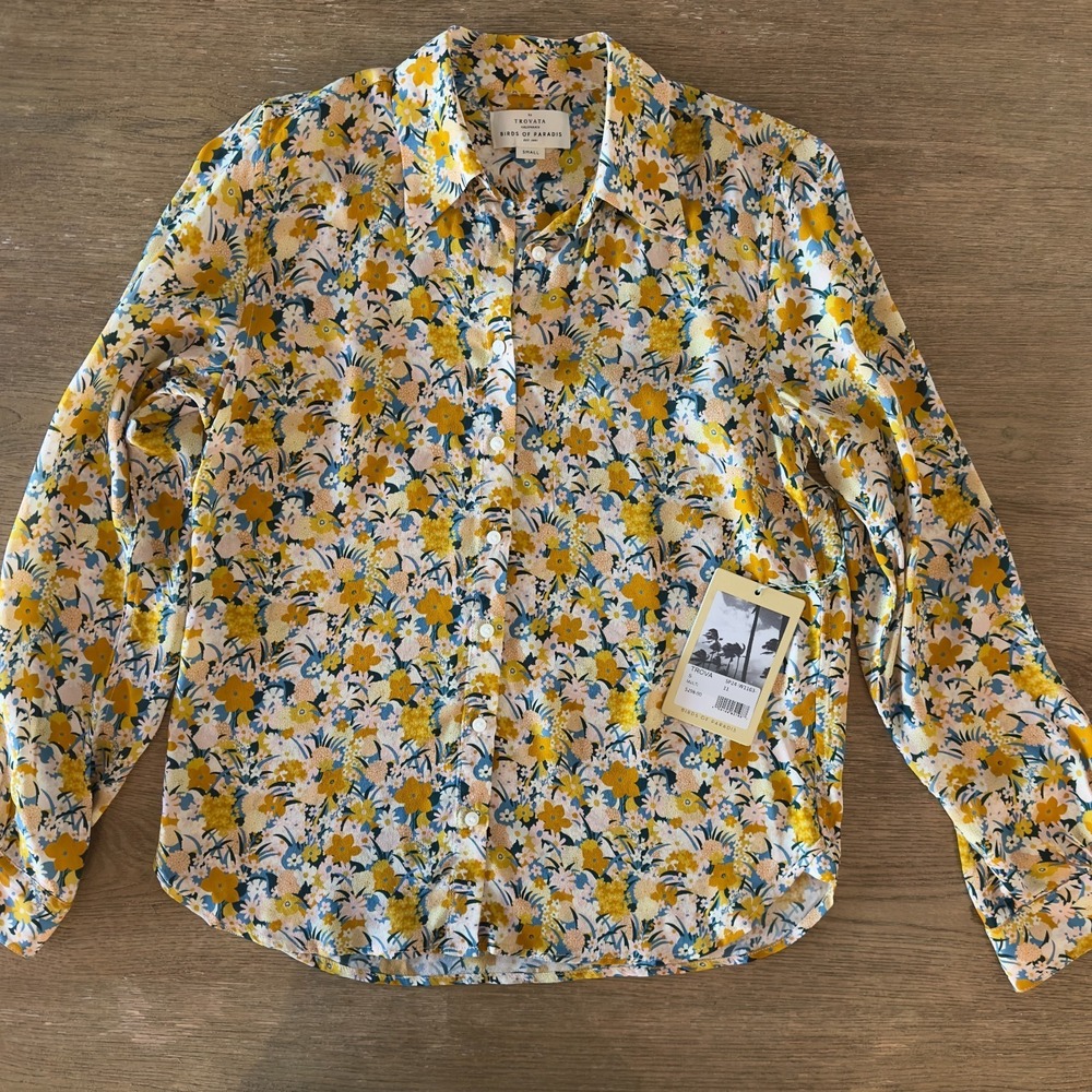 NEW Trovata Birds of Paradis Silk-Viscose Blend Floral Button Up Dress Shirt-Sml